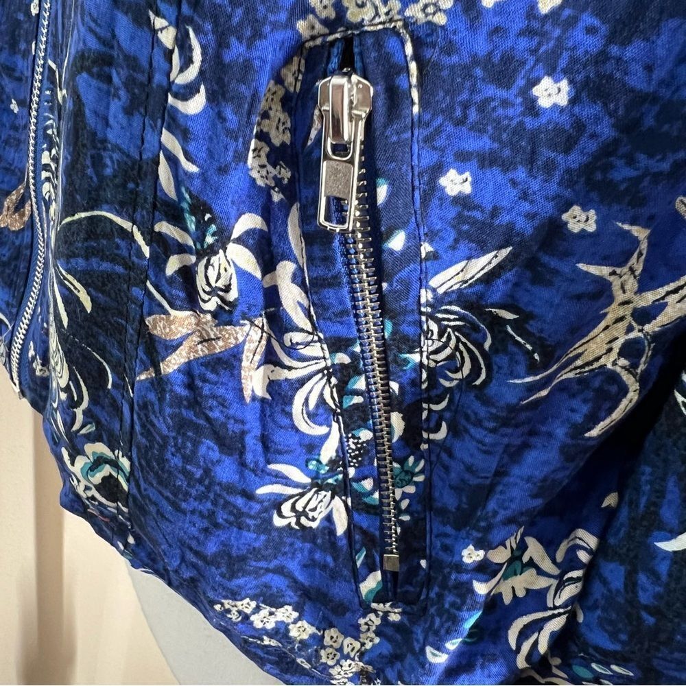 Jaase Boho Floral Cropped Bomber Moto Ruffel Jacket NWT Satin Feel Blue Size M. - Picture 3 of 11